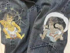 風神雷神　刺繍デザイン ストレートデニムパンツ　Y2K