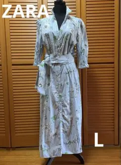 ZARA 花柄シャツワンピース 青と白のストライプ