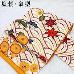 美品 塩瀬 紅型 九寸 名古屋帯 山吹色 青海波 菊 紅葉 浴衣 着物 六通柄のサムネイル