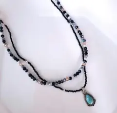 No.92 ビーズネックレス　ハンドメイド　重ね付け2個セット　 ターコイズ風