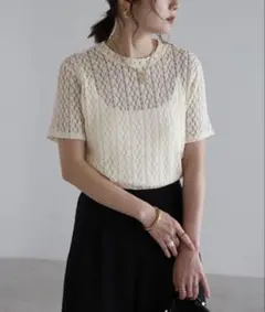 【新品】ボンジュールサガン ストレッチレースTシャツ アイボリーのサムネイル