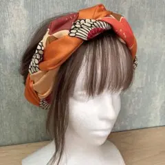 和風三つ編みターバン　着物リメイク　クロスターバン　ヘアバンド　オレンジ系