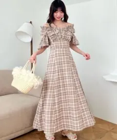 MAJESTIC LEGONバックレースアップフリルワンピ★ベージュチェックM