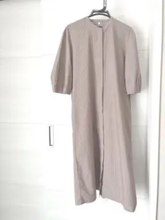 無印　バンドカラー　七分袖ロングワンピース　ブラウン　ストライプ