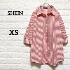 【シーイン】ボリュームスリーブ　ストライプ　ブラウス　赤　XS シャツ　総柄