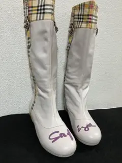 牛革ホワイト ロングブーツ チェック柄