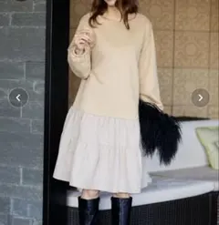 QUEENS COURT 異素材切り替えワンピース《洗濯機で洗える》