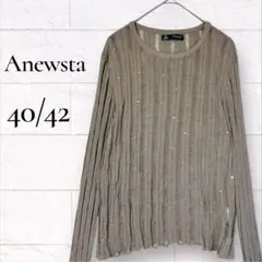 ANEWSTA 長袖シアーニット 40/42 カーキ 透け感 ストライプ