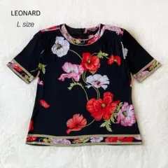 美品◎レオナール カットソー 花柄 カンカン素材 トリム LL 黒