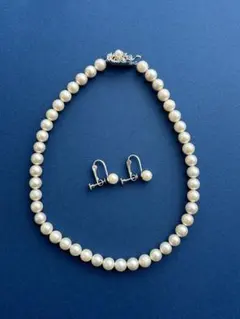 本真珠？ 8mm パールネックレス イヤリングセット SILVER刻印昭和 