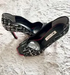 ⁠【ダイアナ】新品未使用 ツイード パンプス オープントゥ 黒 23cm⁠