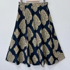 ひざ丈フレアスカート たっぷりフレア バブリー ダマスク柄 レトロ