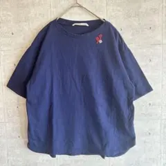 【美品】グランマママドーター 日本製 器 クロスステッチ 刺繍 Tシャツ 紺 Mのサムネイル