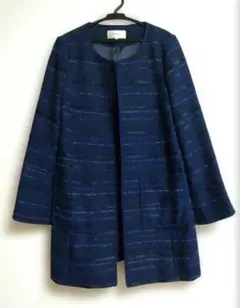 新品　Simplicite　ノーカラー ストライプ柄 コート ネイビー
