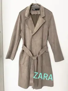 ［美品］ZARA スエード調 ロングコート ベルト付キャメルS