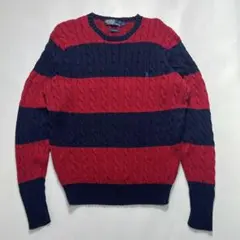 90s ラルフローレン ケーブルニット L ネイビーボーダー セーター 7381