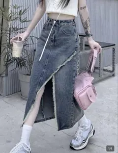SHEIN ビンテージフリンジスリットデニム　スカート　ライトブルー