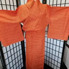オレンジ 格子柄 着物アンサンブル