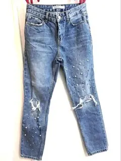 ZARA BASIC パール装飾 ダメージ デニムパンツ可愛い♡のサムネイル