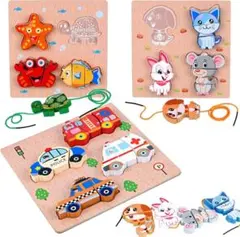 木製パズル 木製型はめパズル ひも通し 木製おもちゃ ビーズ遊び 3種類