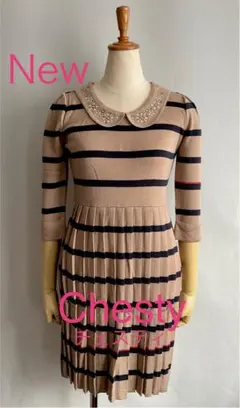 新品【Chestyチェスティ】ボーダーニットワンピースプリーツ丸襟ビジュー付き1