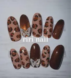 【レオパード柄】蝶モチーフブラウンマグネットネイルチップ y2k