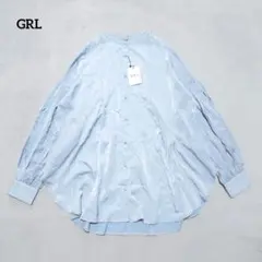 D1-4389　長袖シャツ　バンド風カラー　パフスリーブ　光沢感　F【グレイル】