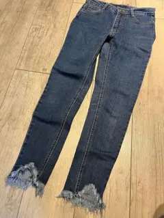 HAPPINESS フリンジ裾 スキニーデニムインディゴジーンズパンツ長ズボン