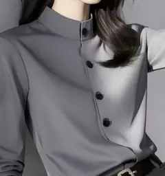 スタンドカラー ブラウス グレー M 長袖 きれいめ オフィス 上品
