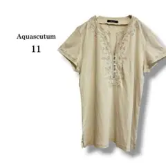 【Aquascutum】スキッパーネック半袖刺繍ブラウス　　ベージュ系　綿　11のサムネイル