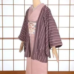 羽織 正絹 ストライプ柄 古代紫 ちりめん地 羽織紐付き 着物 A-1422