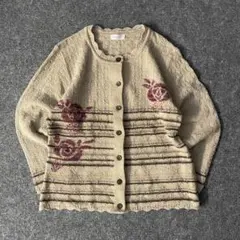 90s vintage ニット カーディガン 花柄 ナチュラル 베이지