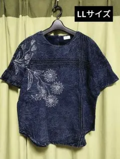 藍染のようなコットントップス刺繍入りゆったり LLサイズ