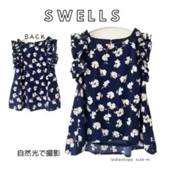 【美品】フリル袖 花柄 ノースリーブトップス ネイビー 体型カバー M相当