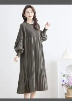 TRUBE異素材切り替えニットプリーツワンピースカーキ
