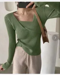 Nia 変形カシュクールニットトップス グリーン 緑