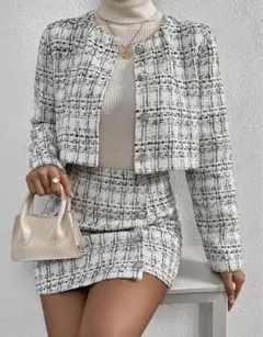 ツイード ホワイト セットアップ ジャケット ミニスカート 長袖