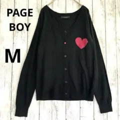 【ページボーイ】胸ハート刺繍 長袖ニットカーディガン 黒ピンクM薄手ハートボタン