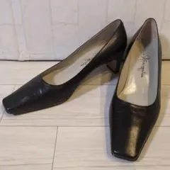 超美品♥本革 カネマツ ブラック スクエアトゥ パンプス