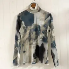 【新品】抽象柄ハイネック長袖トップス タートル ネット グレージュ系 M