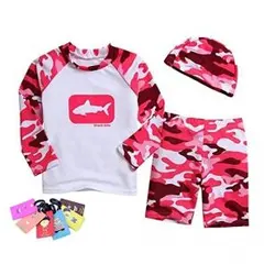 キッズ 長袖 ラッシュガード 上下セット + 帽子 3点セット (ピンク,XL)