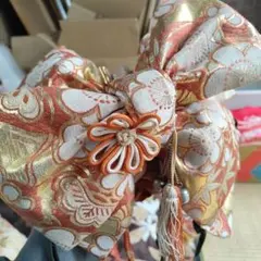伝統的な結び帯 オレンジ金花柄 昭和レトロ