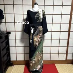 L 着物リメイク 正絹 黒留袖シンプルゆったりワンピース着丈133ロング丈