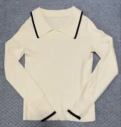 GU アイボリー リブニット 大きな襟 長袖