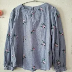 GUストライプ花柄刺繍長袖ブラウス　シャツ　　チュニック　可愛い　M