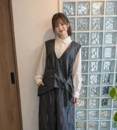 着物リメイク　大島紬ワンポケット　 ベスト　ジレ　パンツ２ピースセット　M～LL