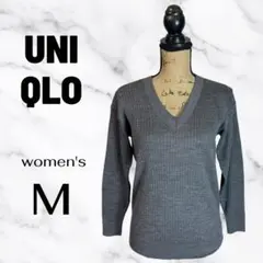 美品✨【UNIQLO】メリノブレンドリブクルーネックセーター　薄手　グレー　M