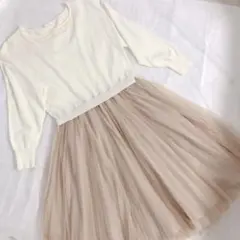 AG  ニット切り替えワンピース　ビジュー付き　シフォン　チュール