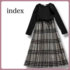 インデックス 長袖ニットロングワンピース 千鳥柄 プリーツ風 M ブラック
