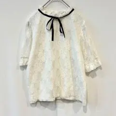 イング　総レース　花柄　ホワイト　スタンドカラー　袖フリル　透け感　トップス　M